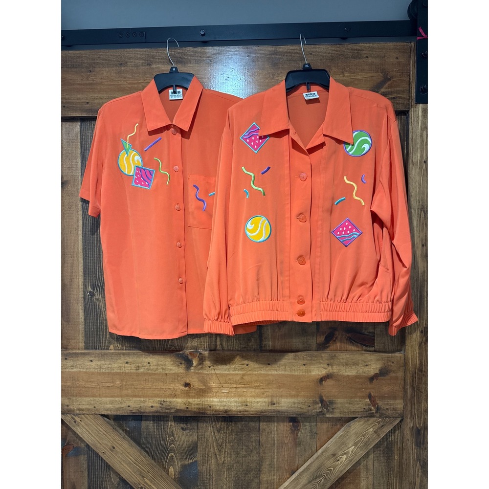 Vintage Nino Wong Orange Memphis Style Embroidered Shirt and Jacket Set 2pc USA